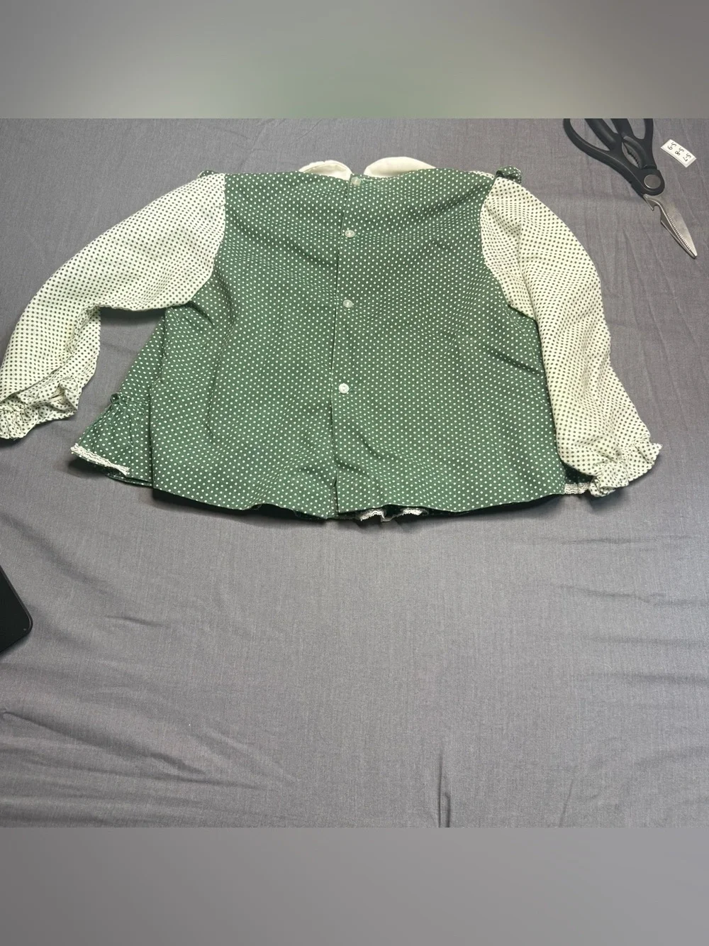 Vintage Girls Green Polka Dot Ruffle Blouse with Embroidered Collar